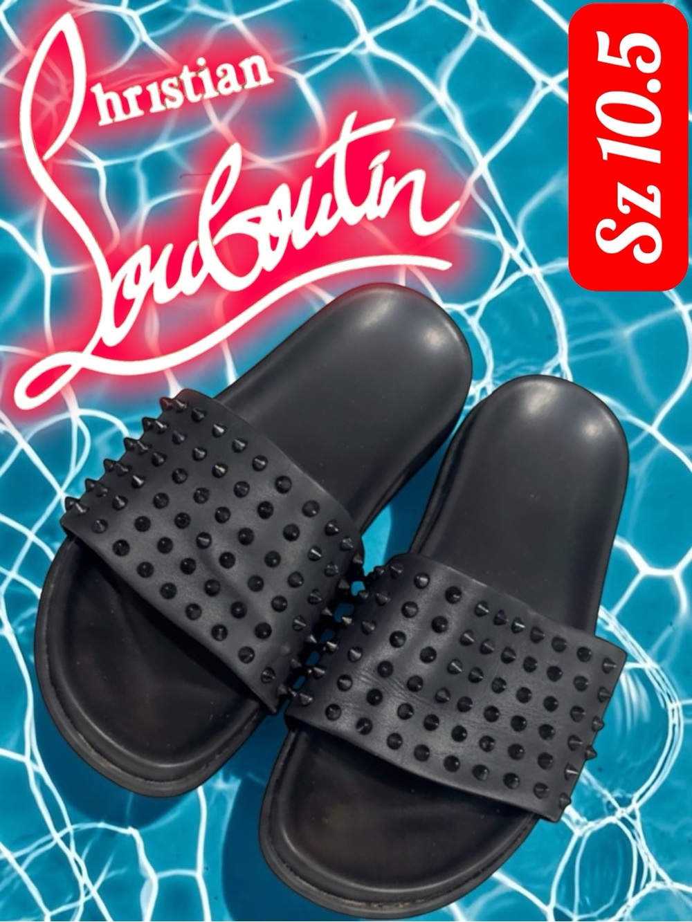Authentic Christian Louboutin Pool Fun Black Spiked Leather Slides 10.5